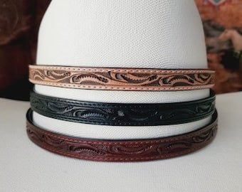 Hand Tooled Leather Hat Band & Buckle Set - Hats by Bru